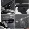 A collage of four images showing details of roof racks and a cargo box on a car. Produktbild-Vorschau