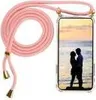 A pink lanyard case for an iPhone, with a picture of a couple on the phone screen.