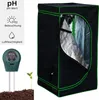 A grow tent and a plant moisture meter are shown against a white background, with informational icons on the left. Podgląd zdjęcia produktu