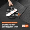 A hand is shown connecting two black interlocking floor tiles, with a close-up inset showing the interlocking mechanism. Text overlays highlight product features. Voir les images du produit