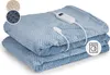 A folded blue electric blanket with a controller and two small circular insets showing fabric textures in beige and dark blue, and a washing machine icon. Podgląd zdjęcia produktu