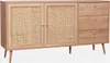 A light wood sideboard with two rattan-fronted doors and three drawers, shown against a white background. Produktbild-Vorschau