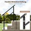 A black metal handrail is shown installed on outdoor stairs, with close-up diagrams illustrating its adjustable joints and a measurement indicating its height. Voir les images du produit