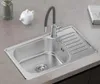 A stainless steel kitchen sink with a faucet and drainboard, placed on a countertop. Produktbild-Vorschau