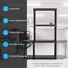 A black shelving unit is shown in a garage or workshop setting, with text overlays highlighting its features. Podgląd zdjęcia produktu