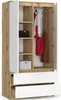 An open wardrobe with clothes hanging inside and drawers at the bottom. Produktbild-Vorschau