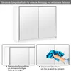 A white mirrored cabinet with two doors, shown from the front. Below are two smaller images: one showing the cabinet's interior, and another showing a hand wiping the cabinet with a blue cloth. Text overlays describe the features. Podgląd zdjęcia produktu