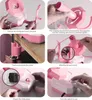 Collage of images showing how to set up and use a pink automatic bobbin winder. Produktbild-Vorschau