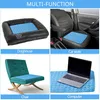 A collage showing a cooling mat used in four different scenarios: a doghouse, car seats, a chair, and under a laptop. Produktbild-Vorschau