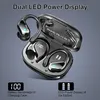 A pair of black and silver wireless earbuds in an open charging case, with text overlays highlighting features. Produktbild-Vorschau