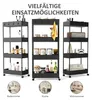 A collage of three rolling storage carts filled with various items, with smaller circular images below showing different room settings. Voir les images du produit