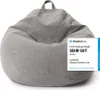 A gray beanbag chair with a promotional badge on its side. Voir les images du produit