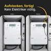A split image showing an electricity meter before and after a device is attached. The top of the image has marketing text. Produktbild-Vorschau