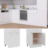 A white kitchen cabinet unit with a drawer and two doors, shown both closed and open to reveal shelves. Náhled obrázku produktu