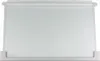 A white refrigerator glass shelf with gray plastic trim on a white background. Produktbild-Vorschau