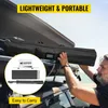 A man is loading a black carrying bag onto the roof of a car, with a circular inset showing the disassembled components of a projection screen. Produktbild-Vorschau