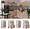 A collage of a modern kitchen setup and individual kitchen cabinet modules. Produktbild-Vorschau