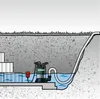 Diagram showing a submersible pump in a flooded area, with a hose leading away. Náhľad obrázku produktu