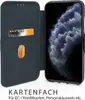 A dark blue flip case for a smartphone, open to reveal the phone screen and card slots. Text below indicates it's a card compartment. Produktbild-Vorschau