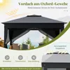 A dark gray gazebo with a double roof, set against a backdrop of trees and mountains. The image includes icons and text highlighting product features. Produktbild-Vorschau