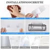 Instructional steps for installing a shower caddy, showing cleaning the wall, peeling off adhesive, attaching the adhesive to the wall, and hanging the caddy. Also shows different wall surfaces the caddy can be attached to. Produktbild-Vorschau