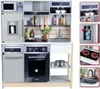 A collage of images showing a toy Miele kitchen set with various appliances and accessories. Produktbild-Vorschau