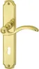 A brass door handle set with a keyhole on a white background. Produktbild-Vorschau
