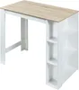 A white and wood-effect bar table with shelves on the side, shown against a white background. Náhled obrázku produktu