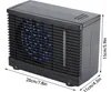 A black portable air cooler with blue fan blades, shown with dimensions indicated. Podgląd zdjęcia produktu