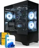 A high-end gaming computer system with multiple illuminated fans and a liquid cooling system, placed in front of two software boxes (Norton Antivirus and Windows 11). Produktbild-Vorschau