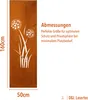 A rusty metal garden screen with a dandelion design and dimensions indicated. Produktbild-Vorschau