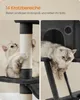 A cat scratching post with two cats interacting with it, presented in a split image format with text overlay. Produktbild-Vorschau