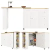 Multiple views of a white kitchen island with a wooden countertop, showing different storage configurations and a coffee maker. Produktbild-Vorschau
