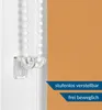 Close-up of a roller blind mechanism and fabric, with text overlays highlighting features. Produktbild-Vorschau