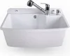 A white sink with a chrome faucet and soap dispenser. Produktbild-Vorschau