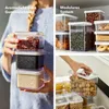 A collage of images showing food storage containers being used and stored. Produktbild-Vorschau