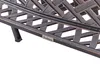 A close-up view of the underside of a brown metal garden bench, showing a woven lattice design and a small metal tag with the brand name. Náhľad obrázku produktu