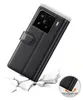 A black leather flip case for a smartphone is shown at an angle, with a cracked ground effect at the bottom, suggesting durability. Produktbild-Vorschau