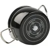 The bottom of a black pot with silver handles is shown, with icons and text indicating compatibility with different stovetops. Podgląd zdjęcia produktu