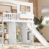 A white loft bed with a slide, wardrobe, and shelves, set up in a room with a plant and window. Produktbild-Vorschau