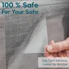 A hand is shown applying a clear protective sheet to a grey fabric sofa. Produktbild-Vorschau