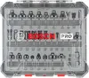 A clear, overhead view of a Bosch PRO router bit set in its transparent plastic case. Podgląd zdjęcia produktu