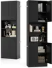 A black tall cabinet is shown from two different angles, one showing the exterior and the other showing the interior shelves and compartments. Items like books, decor, and toiletries are displayed on the shelves. Podgląd zdjęcia produktu