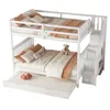 A white bunk bed with a pull-out trundle bed, made of solid wood, is shown against a white background. It is dressed with bedding and pillows in neutral tones, and a teddy bear is placed on the lower bunk. Voir les images du produit