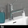 A chrome faucet with a pull-out spray head is shown in use, with water flowing into a white sink. A blue soap dispenser is visible to the left. Náhled obrázku produktu