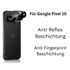 A black smartphone with camera lens protectors applied, next to descriptive text. Produktbild-Vorschau