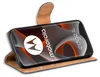 A book-style phone case with a Motorola Edge 50 Pro phone inside, displayed at an angle. Produktbild-Vorschau