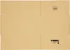 A flat, unfolded cardboard box with some text and logos. Produktbild-Vorschau