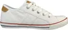 A side view of a white canvas sneaker with tan accents and red and blue stripes on the sole. Produktbild-Vorschau