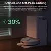 A white robot vacuum cleaner is docked at its charging station, with a dark background and blinds in the background. A green overlay displays the charging status. Produktbild-Vorschau